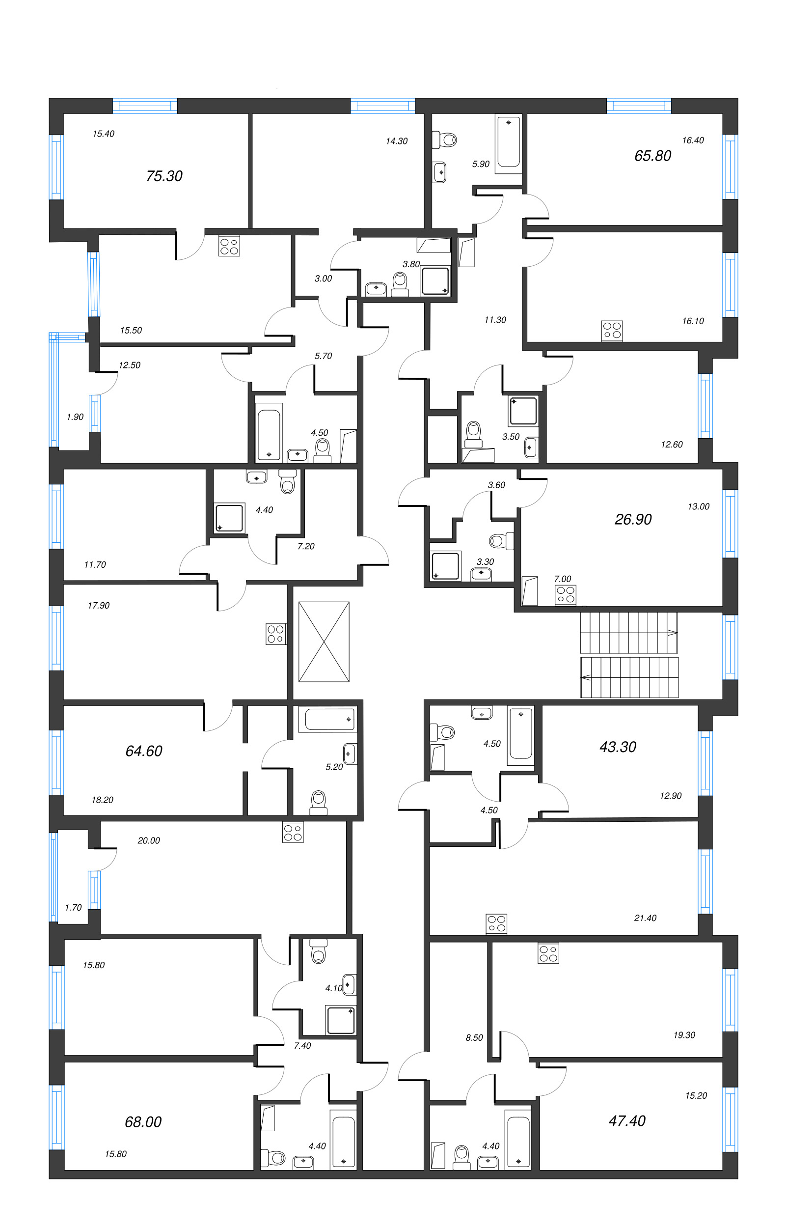 2-комнатная (Евро) квартира, 43.3 м² - планировка этажа
