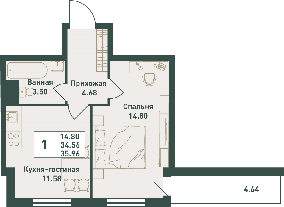 1-комнатная квартира, 35.96 м² - планировка, фото №1