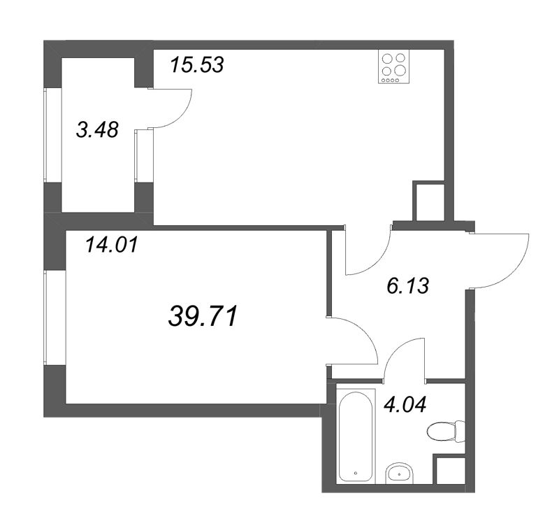 2-комнатная (Евро) квартира, 39.71 м² в ЖК "Дубровский" - планировка, фото №1