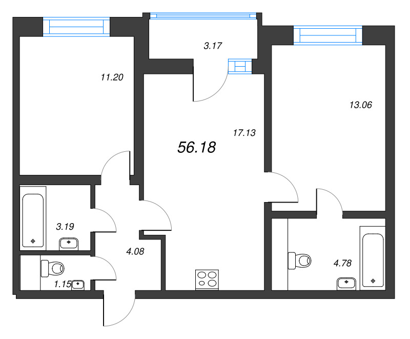 3-комнатная (Евро) квартира, 56.18 м² - планировка, фото №1