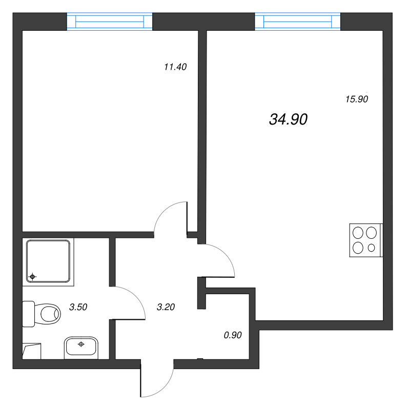 2-комнатная (Евро) квартира, 34.9 м² в ЖК "Дыбенко Парк" - планировка, фото №2