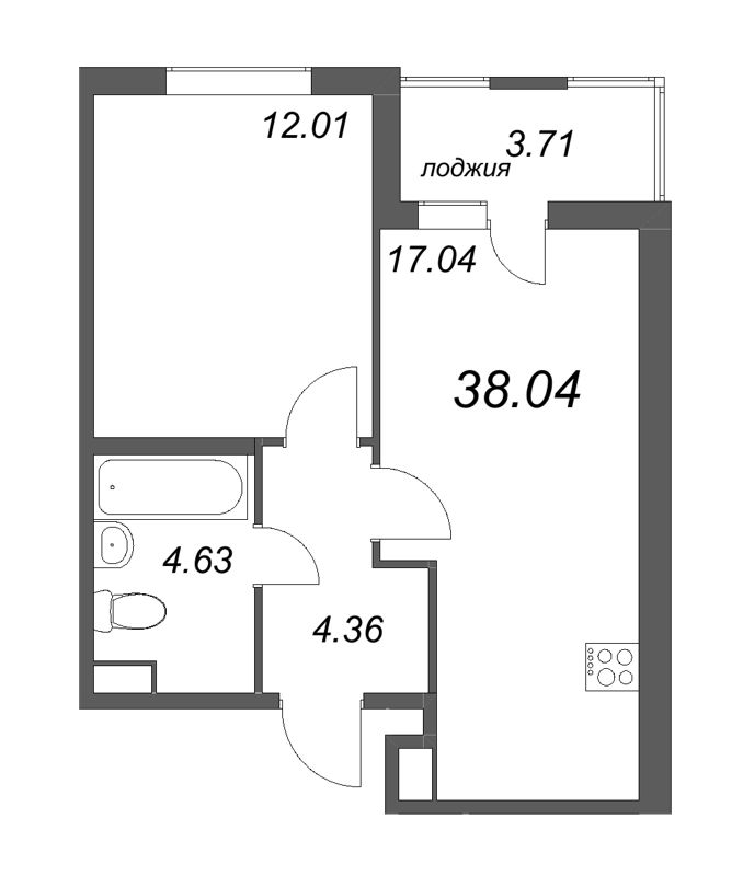 2-комнатная (Евро) квартира, 38.04 м² - планировка, фото №1