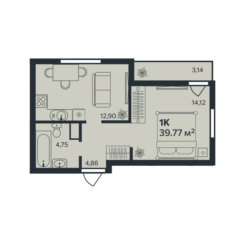 1-комнатная квартира, 39.77 м² в ЖК "Эдельвейс.Янино" - планировка, фото №1