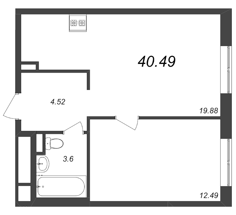 2-комнатная (Евро) квартира, 40.13 м² - планировка, фото №1
