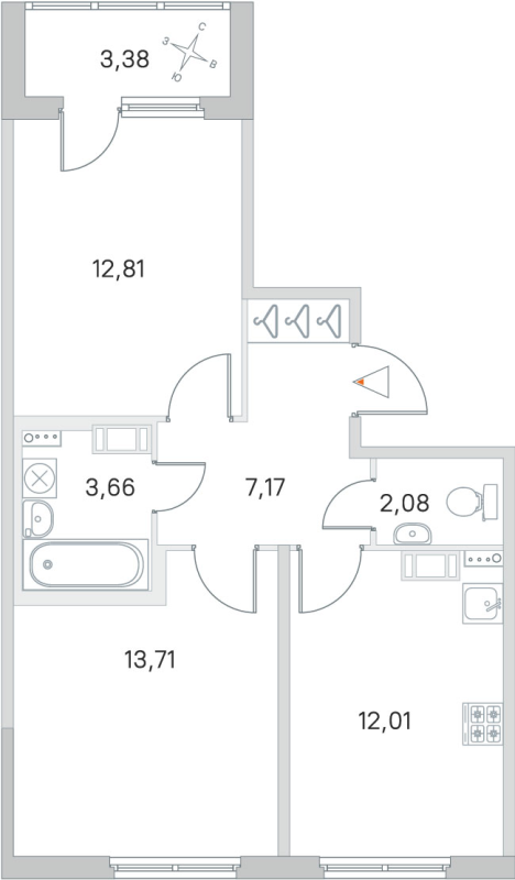 2-комнатная квартира, 51.44 м² - планировка, фото №1
