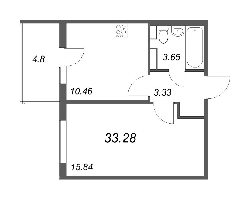 1-комнатная квартира, 33.28 м² - планировка, фото №1