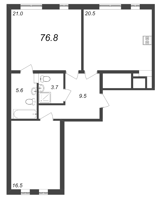 2-комнатная квартира, 76.8 м² - планировка, фото №1