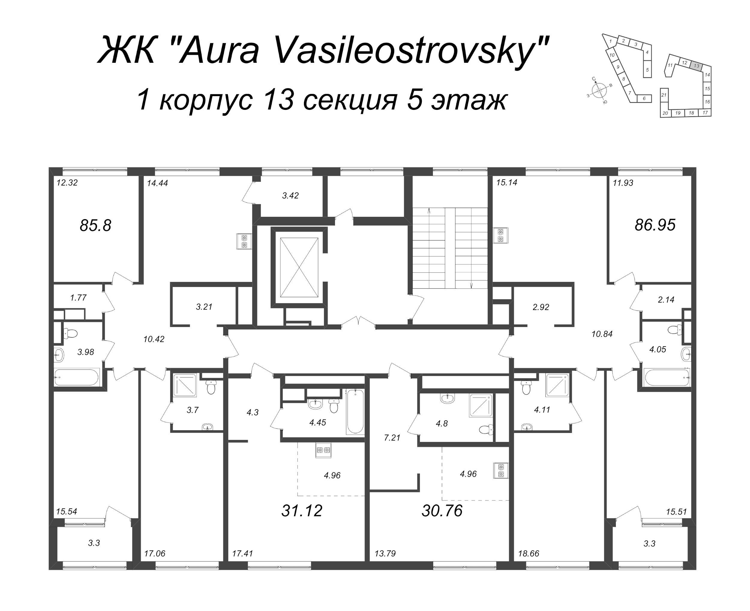 Квартира-студия, 31.12 м² в ЖК "GloraX Premium Василеостровский" - планировка этажа