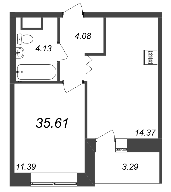 1-комнатная квартира, 35.7 м² в ЖК "Уютный" - планировка, фото №1