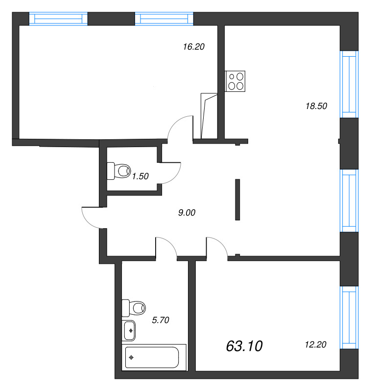3-комнатная (Евро) квартира, 63 м² в ЖК "Струны" - планировка, фото №1