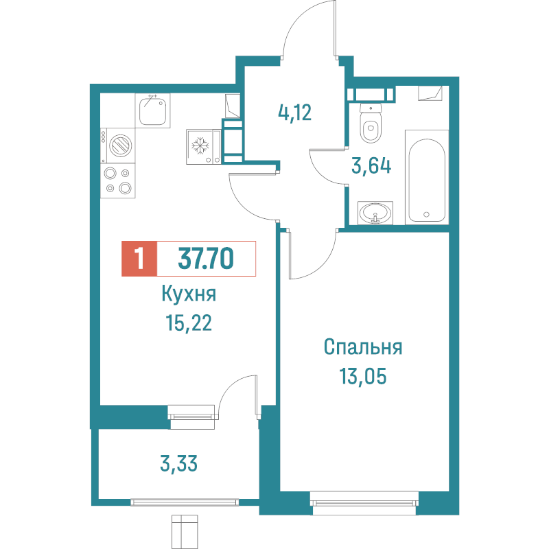 2-комнатная (Евро) квартира, 37.7 м² в ЖК "Графика" - планировка, фото №1