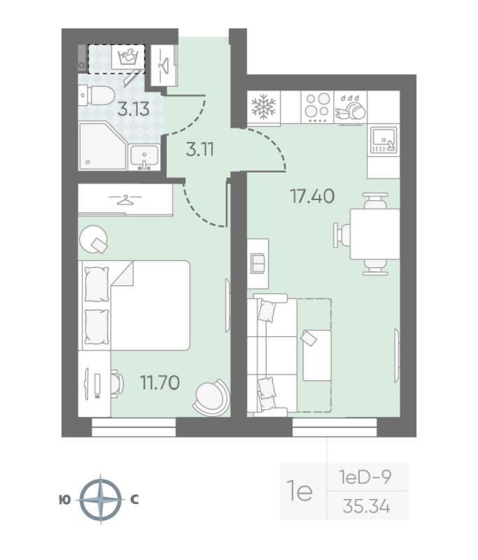 1-комнатная квартира, 35.34 м² в ЖК "Морская миля" - планировка, фото №1