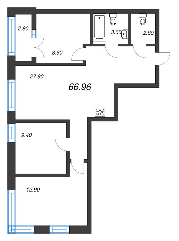4-комнатная (Евро) квартира, 66.97 м² - планировка, фото №1