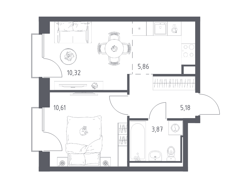 2-комнатная (Евро) квартира, 35.84 м² в ЖК "Живи! В Рыбацком" - планировка, фото №1
