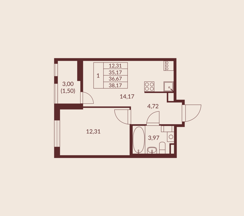 1-комнатная квартира, 36.67 м² в ЖК "Амурино" - планировка, фото №1