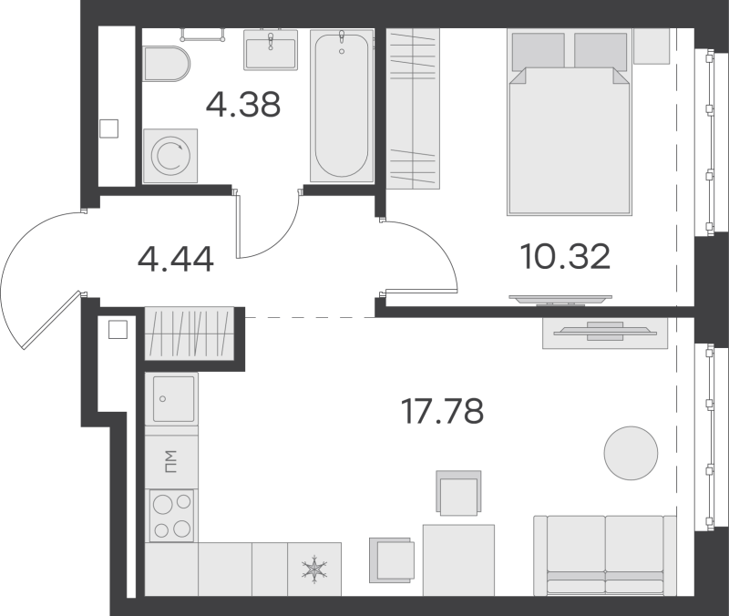 2-комнатная (Евро) квартира, 36.92 м² в ЖК "GloraX Балтийская" - планировка, фото №1