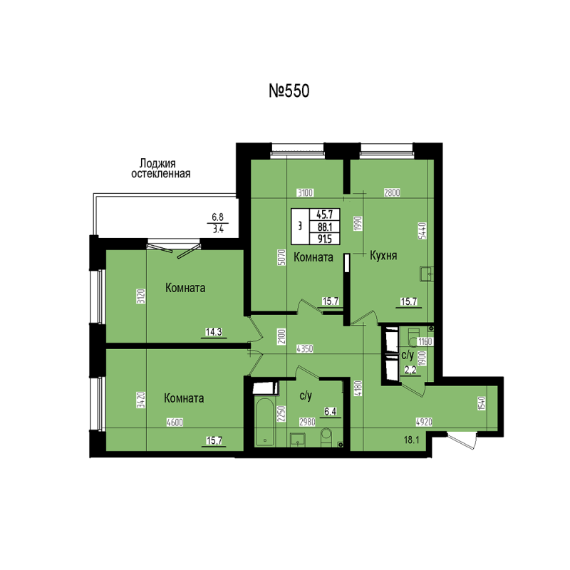 4-комнатная (Евро) квартира, 91.5 м² в ЖК "ПРАГМА СИТИ" - планировка, фото №1