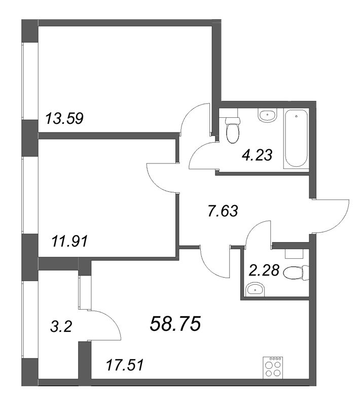 3-комнатная (Евро) квартира, 58.75 м² в ЖК "Аурум" - планировка, фото №1