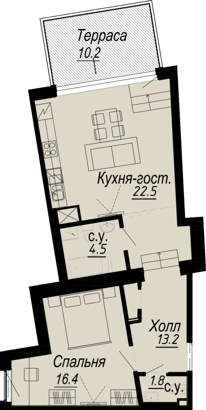 2-комнатная (Евро) квартира, 63.5 м² - планировка, фото №1