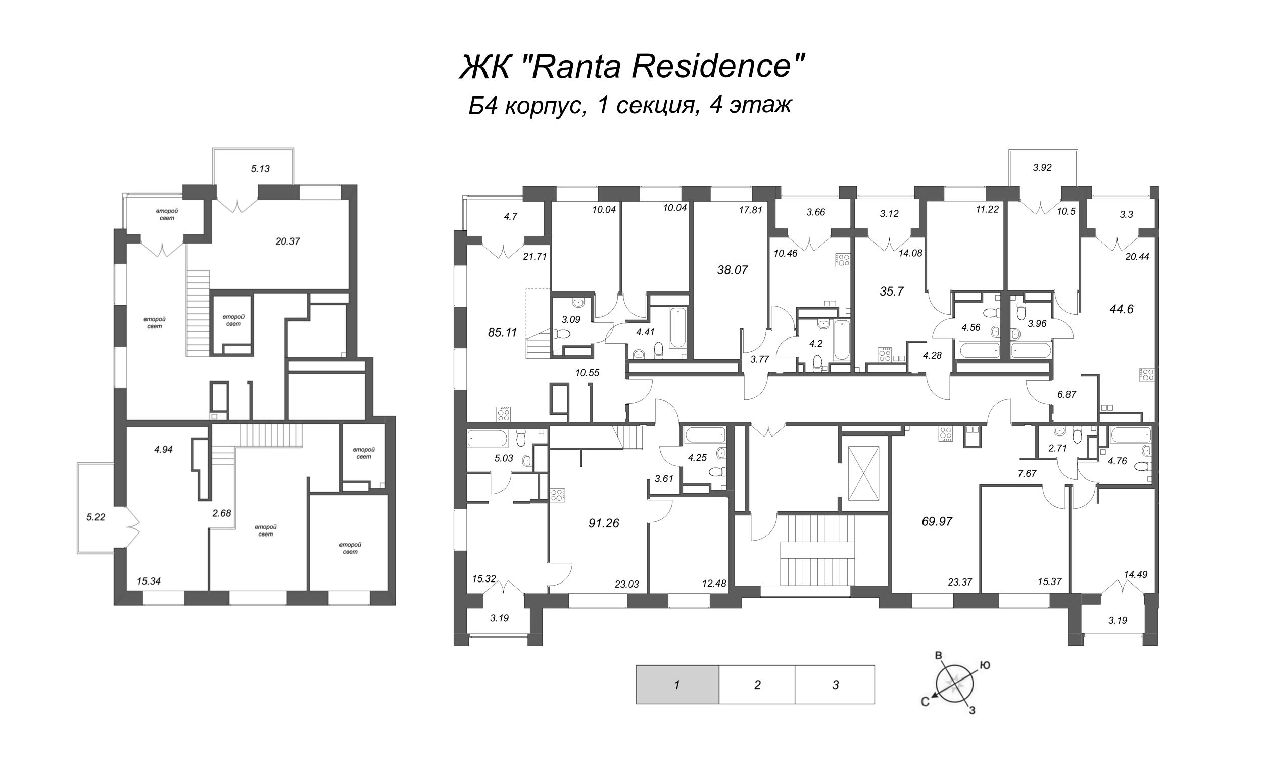 1-комнатная квартира, 35.7 м² - планировка этажа