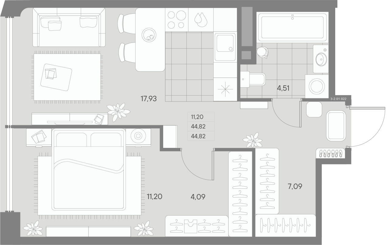 2-комнатная (Евро) квартира, 44.81 м² в ЖК "Avant" - планировка, фото №1