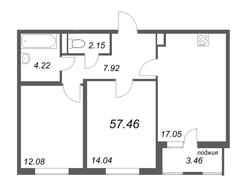3-комнатная (Евро) квартира, 57.46 м² - планировка, фото №1
