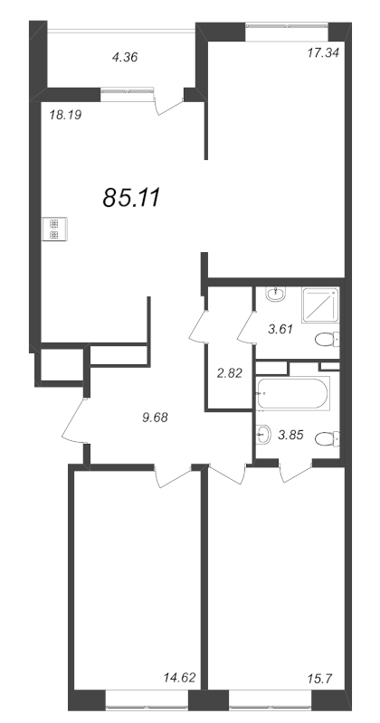 3-комнатная (Евро) квартира, 85.81 м² в ЖК "Чёрная речка" - планировка, фото №1