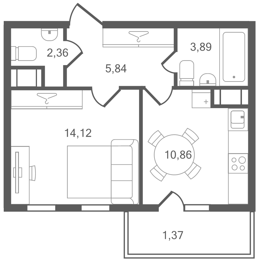 1-комнатная квартира, 38.44 м² в ЖК "Ювента" - планировка, фото №1