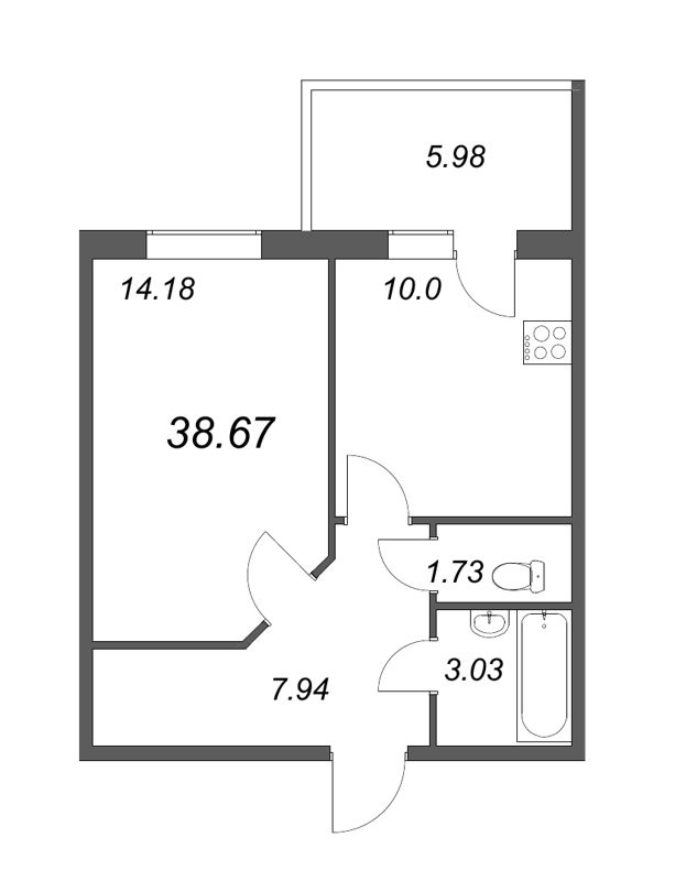 1-комнатная квартира, 36.88 м² в ЖК "Юттери" - планировка, фото №1