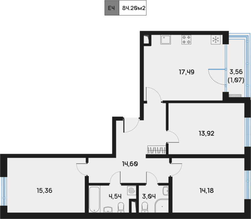 4-комнатная (Евро) квартира, 84.2 м² в ЖК "Дом Регенбоген" - планировка, фото №1