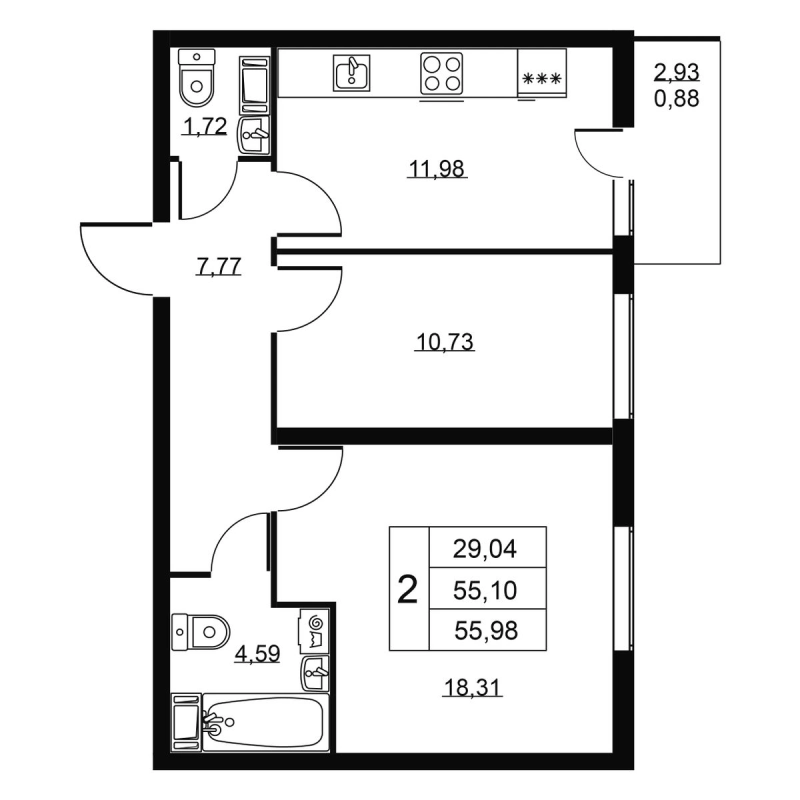 2-комнатная квартира, 55.98 м² в ЖК "Пулковское, 34" - планировка, фото №1