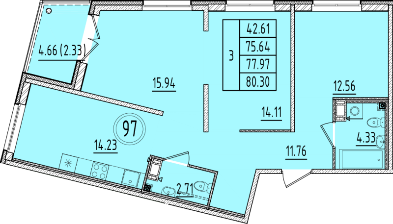 3-комнатная квартира, 75.64 м² в ЖК "Образцовый квартал 6.4" - планировка, фото №1