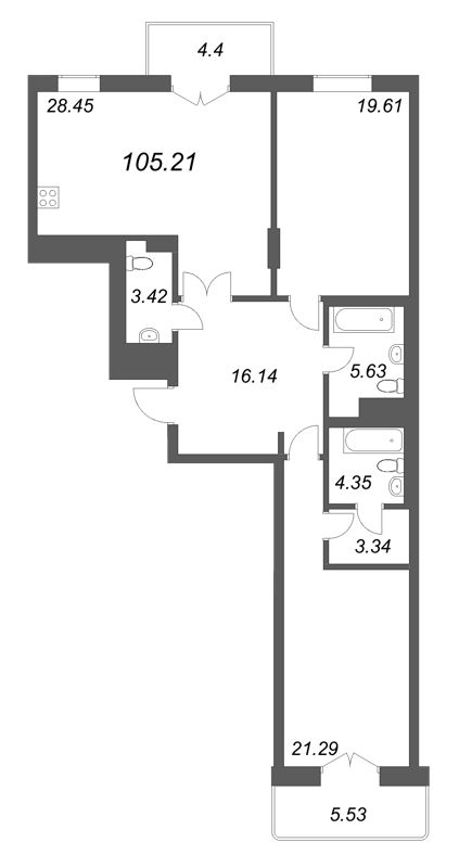 3-комнатная (Евро) квартира, 105.21 м² в ЖК "Фонтанка 130" - планировка, фото №1