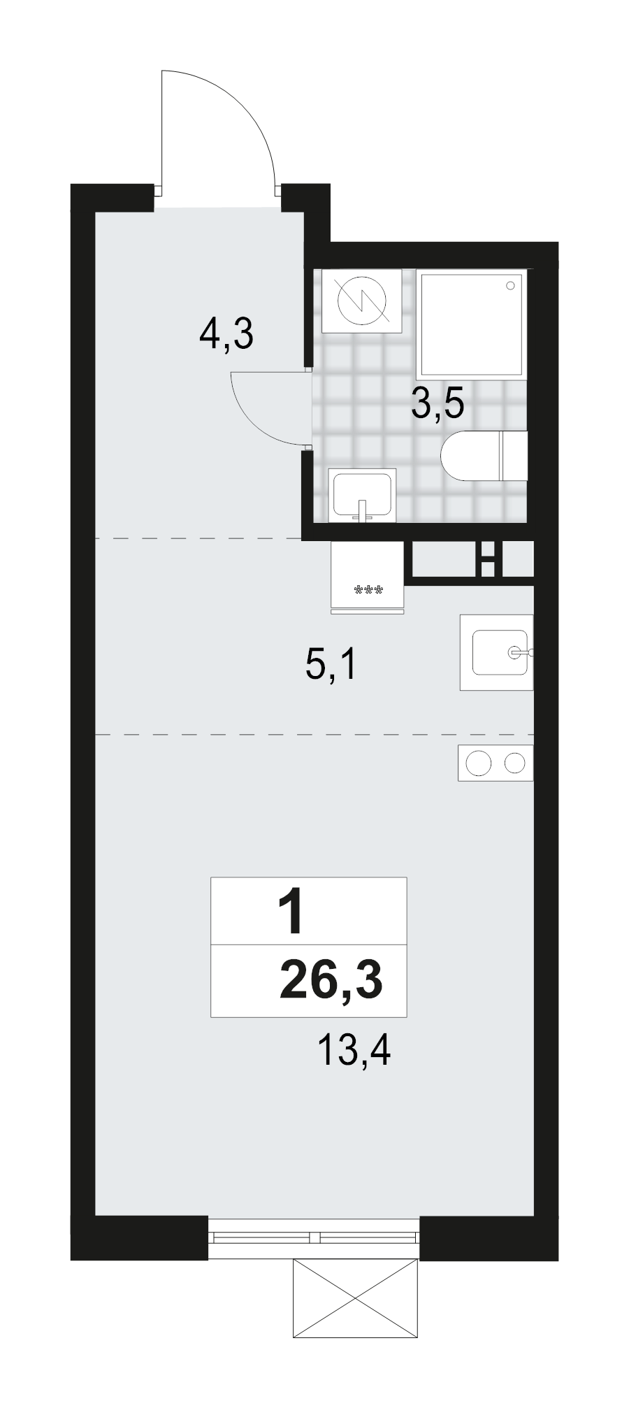 Квартира-студия, 26.3 м² - планировка, фото №1