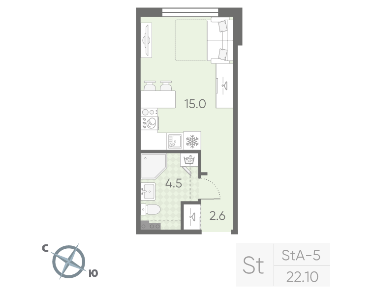 Квартира-студия, 22.1 м² в ЖК "Пулково Lake" - планировка, фото №1