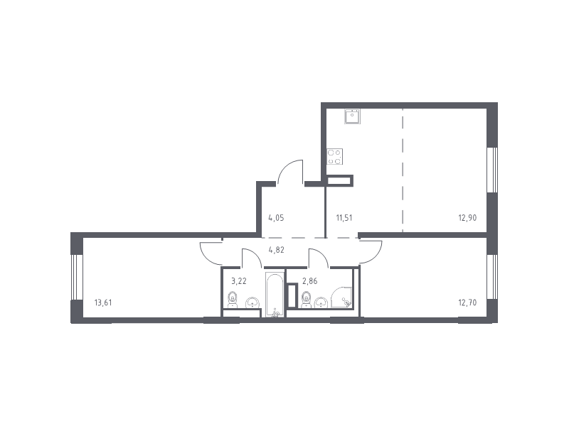 3-комнатная (Евро) квартира, 65.67 м² - планировка, фото №1