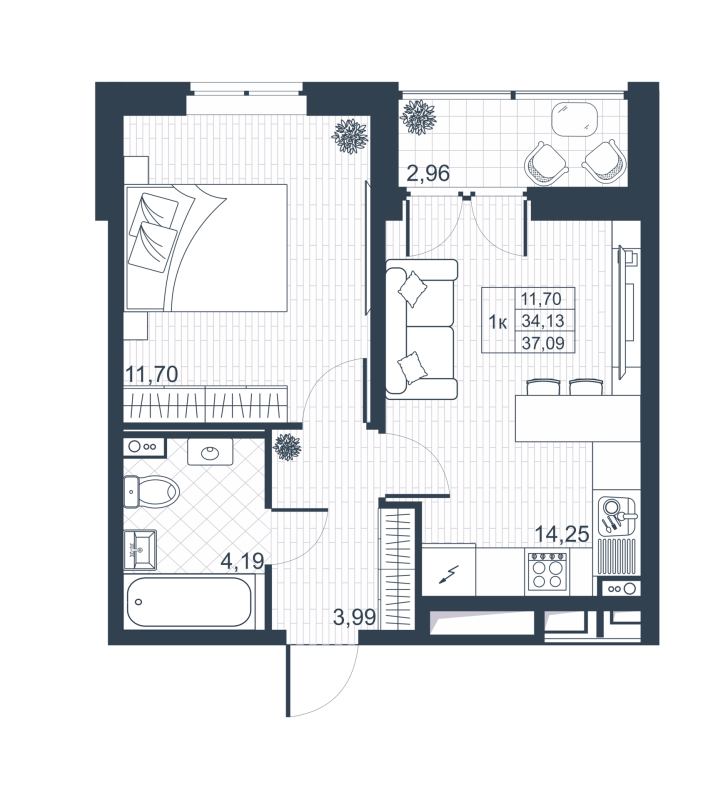 1-комнатная квартира, 35.61 м² в ЖК "Ново-Антропшино" - планировка, фото №1