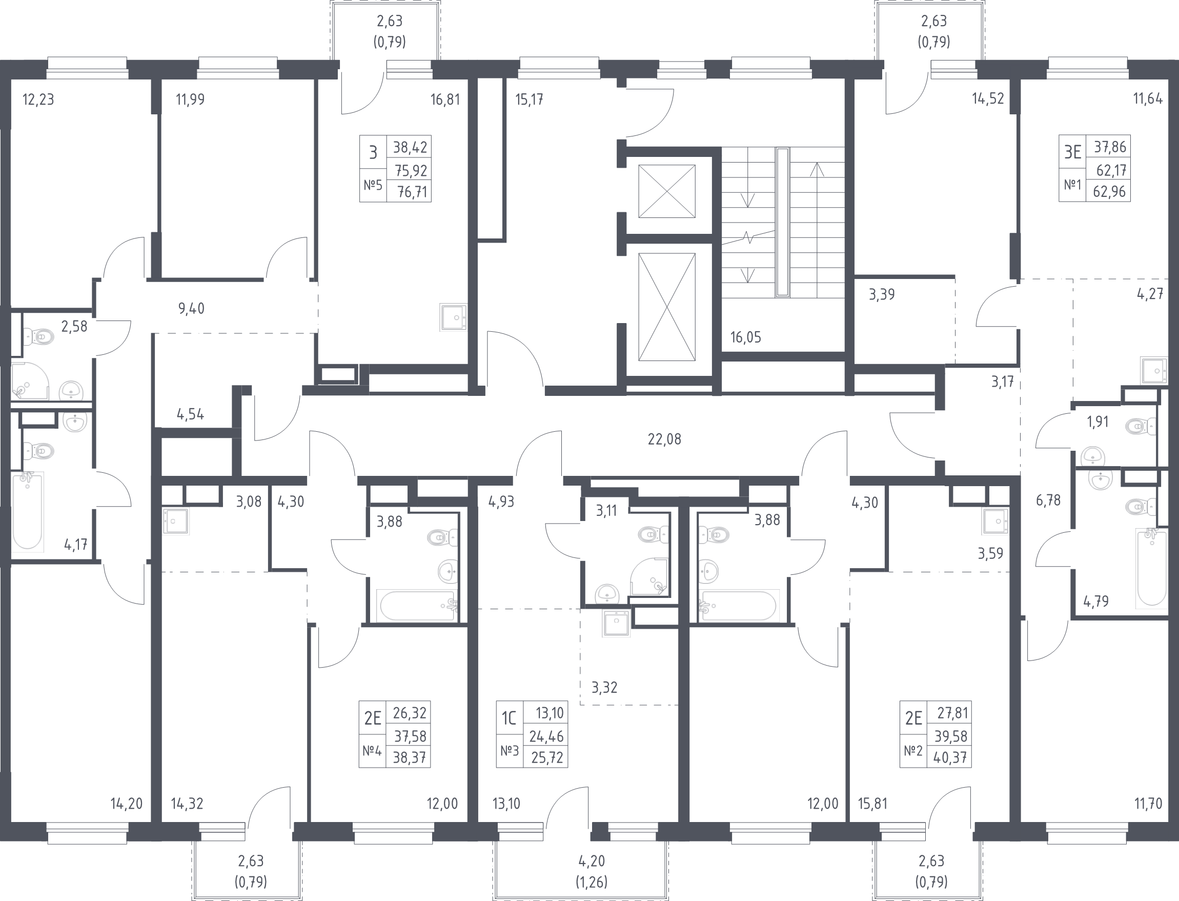 3-комнатная (Евро) квартира, 62.96 м² - планировка этажа