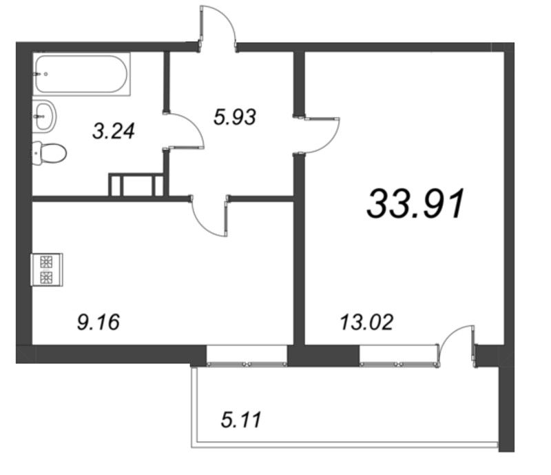 1-комнатная квартира, 33.91 м² в ЖК "Капральский" - планировка, фото №1