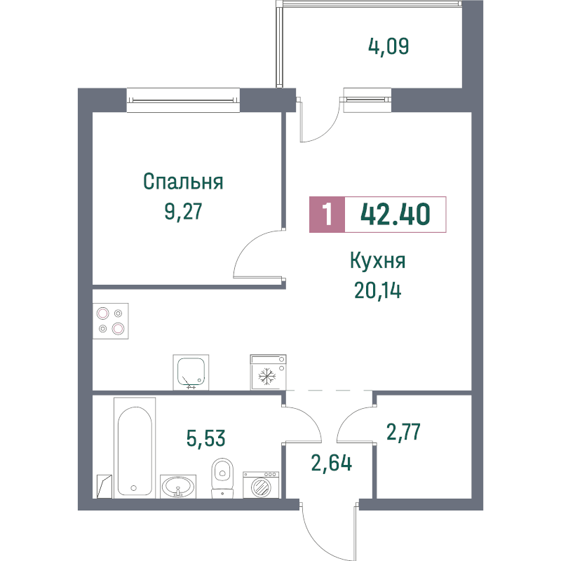 2-комнатная (Евро) квартира, 42.4 м² в ЖК "Фотограф" - планировка, фото №1
