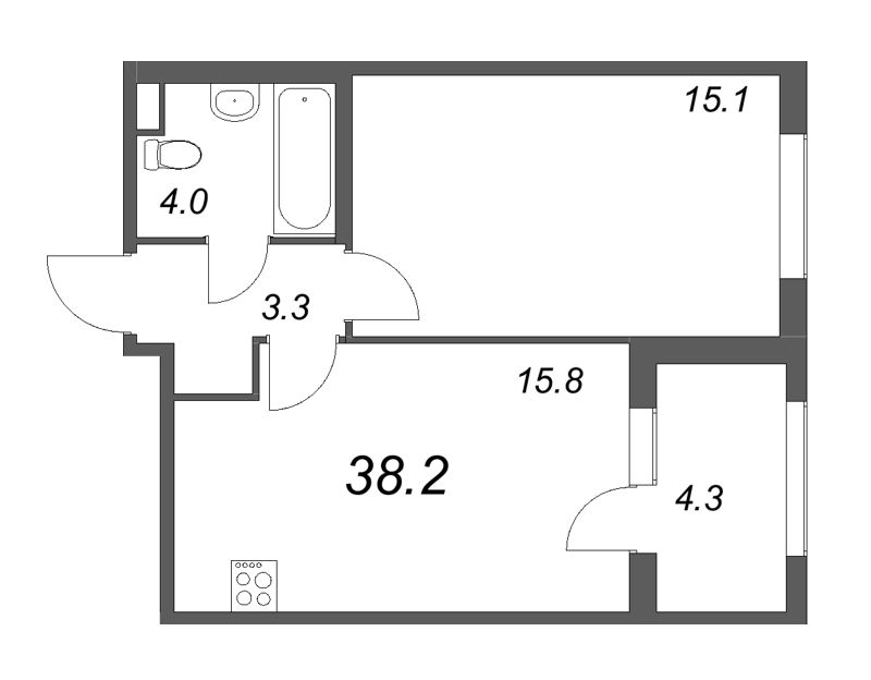 2-комнатная (Евро) квартира, 38.2 м² - планировка, фото №1