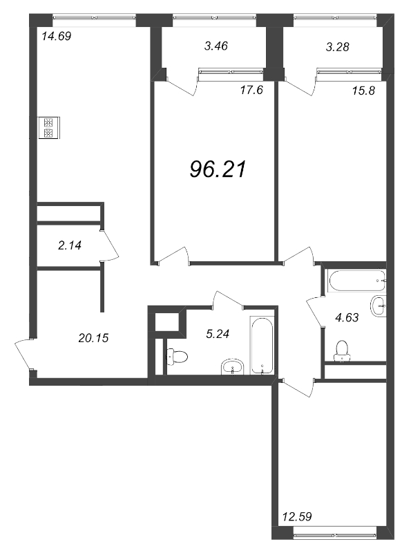 3-комнатная квартира, 96.21 м² - планировка, фото №1