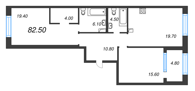 3-комнатная (Евро) квартира, 82.5 м² - планировка, фото №1