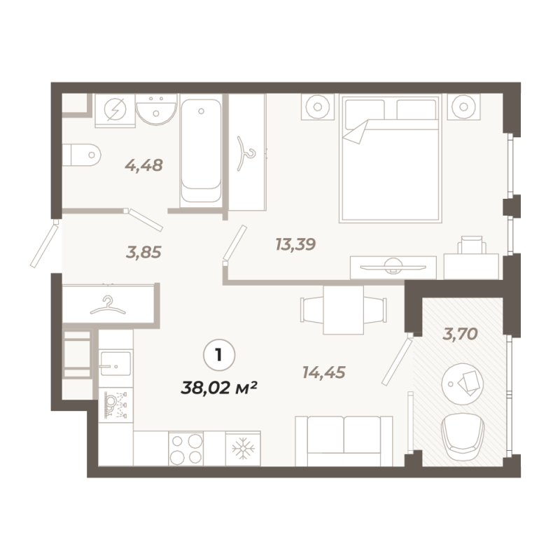 1-комнатная квартира, 38.02 м² в ЖК "Знатный" - планировка, фото №1