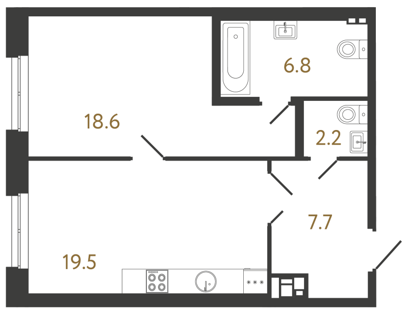 2-комнатная (Евро) квартира, 54.9 м² - планировка, фото №1