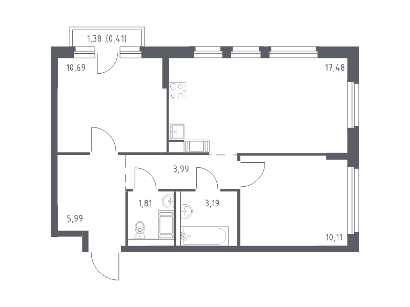 3-комнатная (Евро) квартира, 53.67 м² - планировка, фото №1
