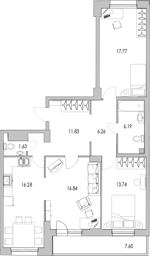 3-комнатная квартира, 91.1 м² в ЖК "Байрон" - планировка, фото №1
