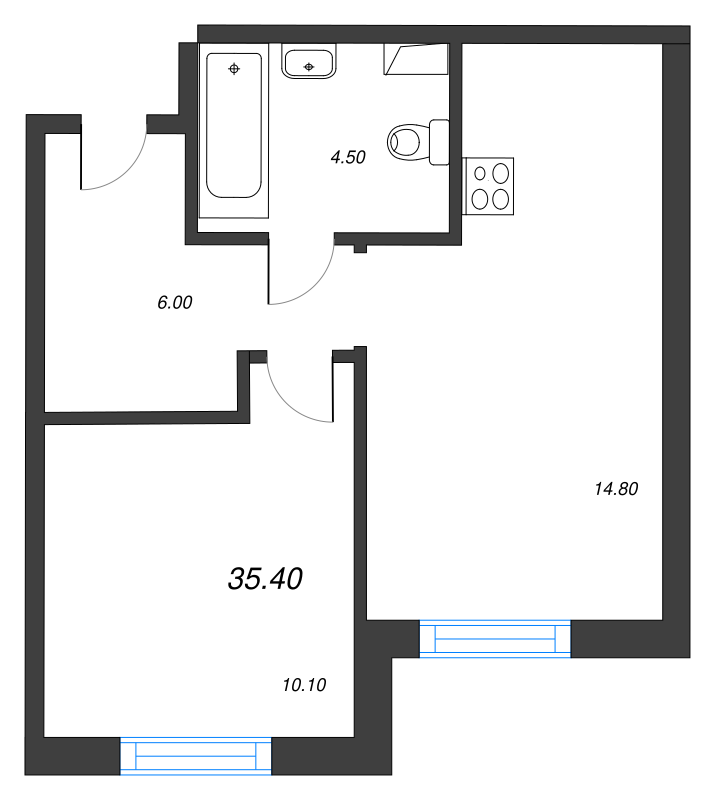 1-комнатная квартира, 35.4 м² - планировка, фото №1