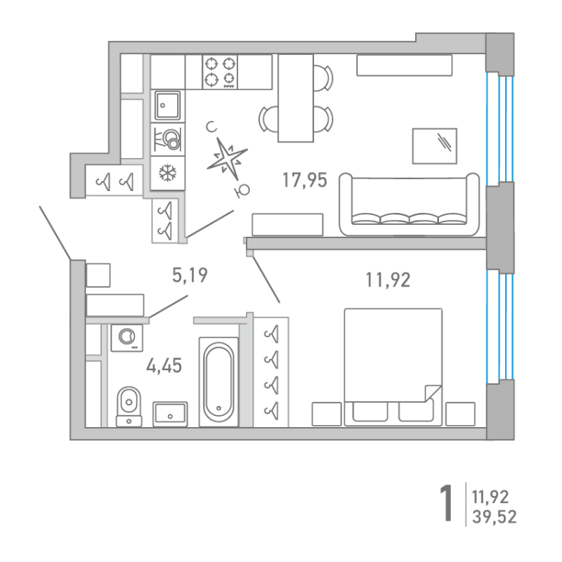 2-комнатная (Евро) квартира, 39.52 м² в ЖК "Министр" - планировка, фото №1