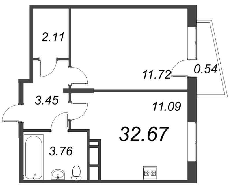 1-комнатная квартира, 32.67 м² - планировка, фото №1